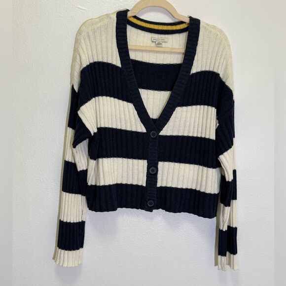 American Eagle - B-Neck Cropped Navy/BeigeStriped Cardigan Sweater - size L - Picture 1 of 6